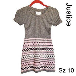 Justice Girls Knit Dress 10 Pink Gray Fair Isle Short Sleeve Sweater Dress Y2K